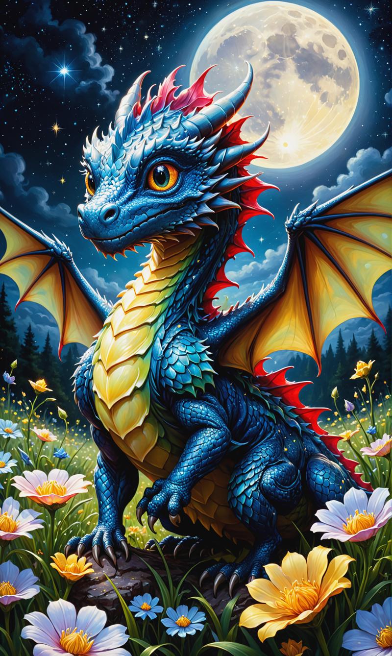 00889-239751194-art by Phil Koch, Meghan Howland _painting of a cute tiny fantasy dragon in a moonlit glowing flower field, starry sky, fireflie.png